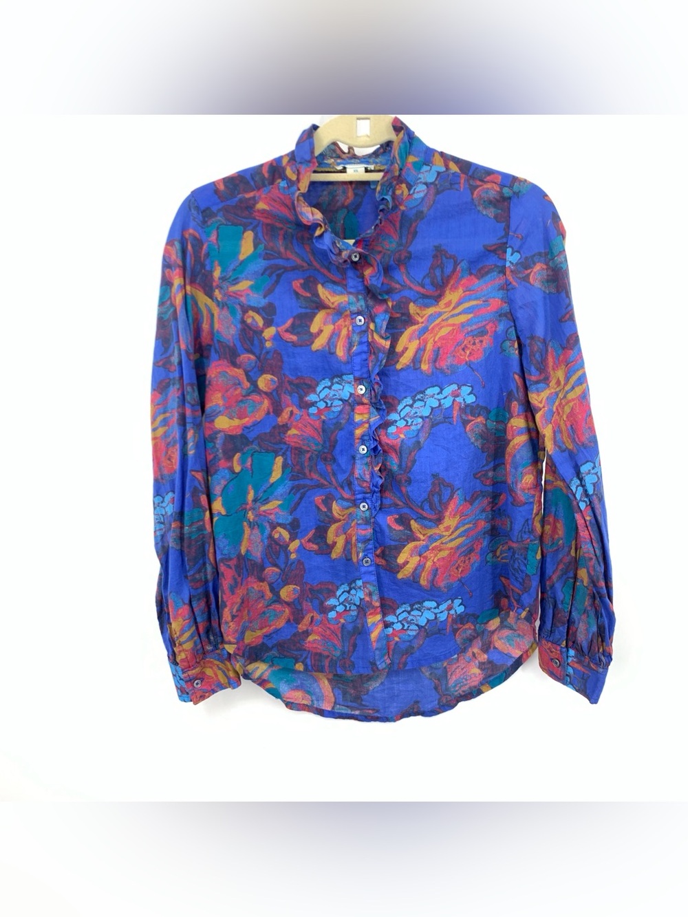 Sundance Women Size XS Shirt Blue Floral Button Down Top Blouse Ruffle Cotton